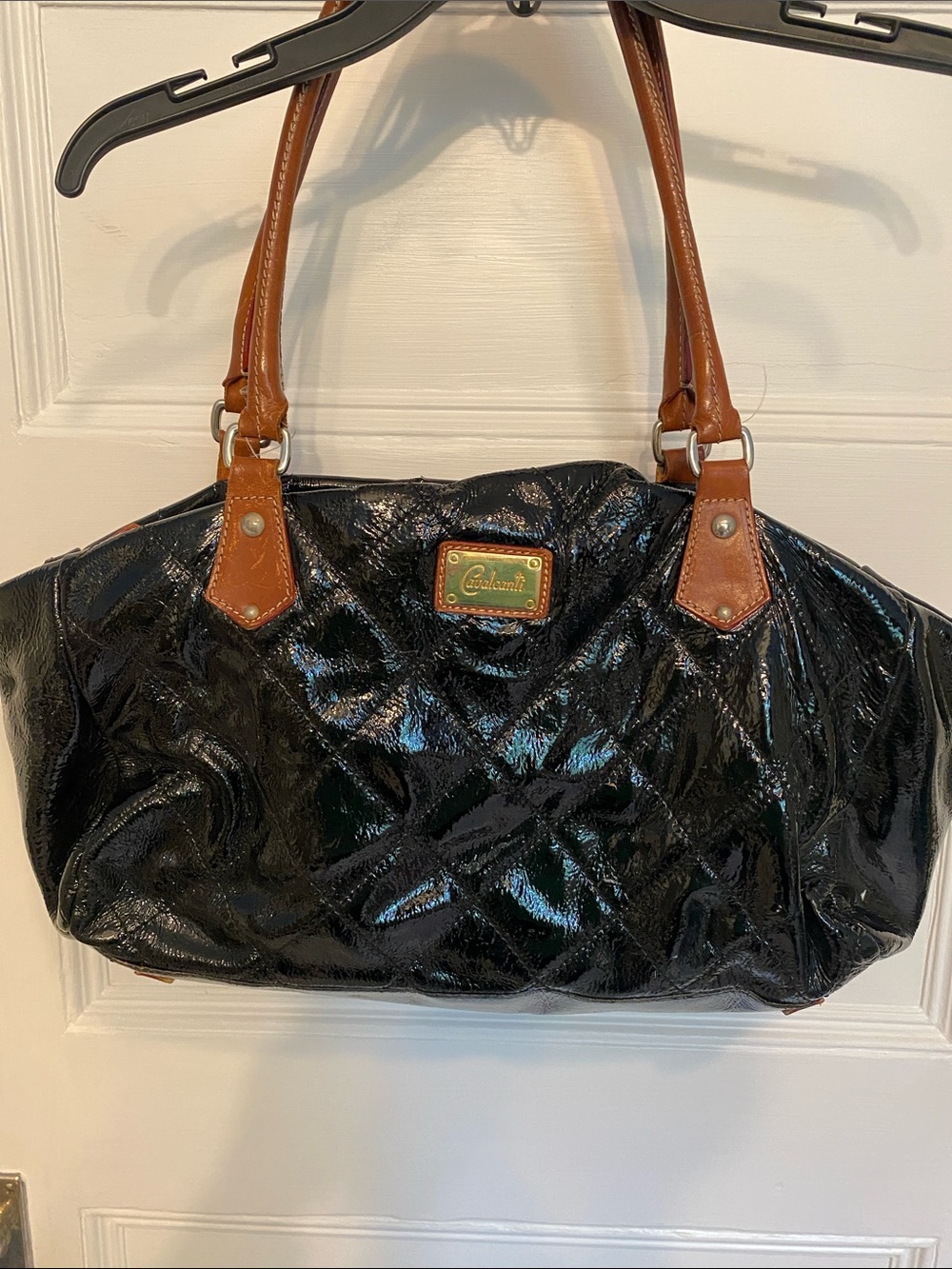 Glossy Black Patent Shoulder Bag with Tan Handles